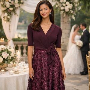 NWT Alex Evenings Eggplant Lace Midi Dress 6 Floral Sequin Wrap Waist Formal NEW